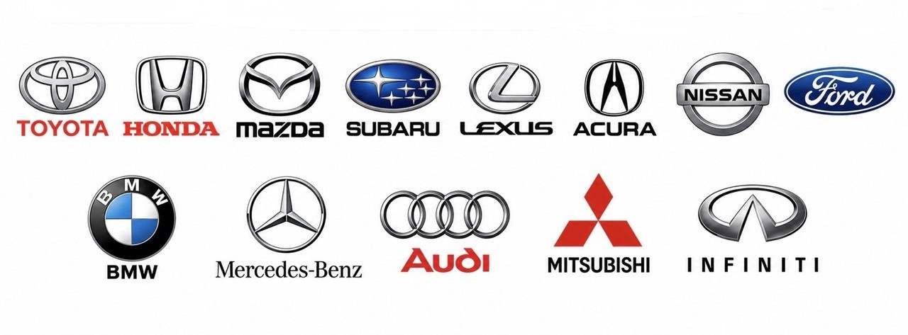Automotive brands including Toyota, Honda, Mazda, Subaru, Lexus, Acura, Nissan, Ford, BMW, Mercedes-Benz, Audi, Mitsubishi and Infiniti